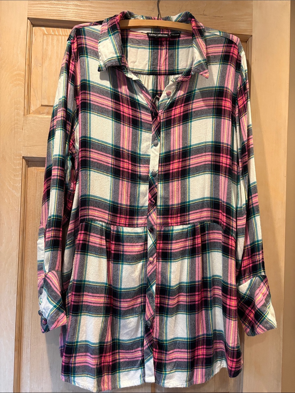 Tolani Pink and Green Plaid Button-Down Shirt 1X